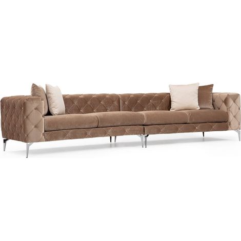 Canapé 4 places capitonné velours marron clair et pieds chromés Herakles 344cm (1/5)