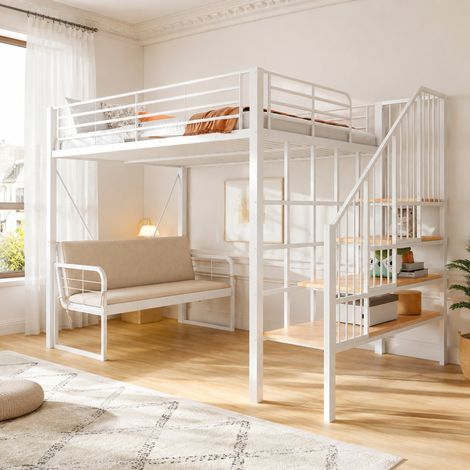 CHICFURN Cama alta 140x200 cm de metal con escalera con almacenaje y sofá, sin colchón (1/5)