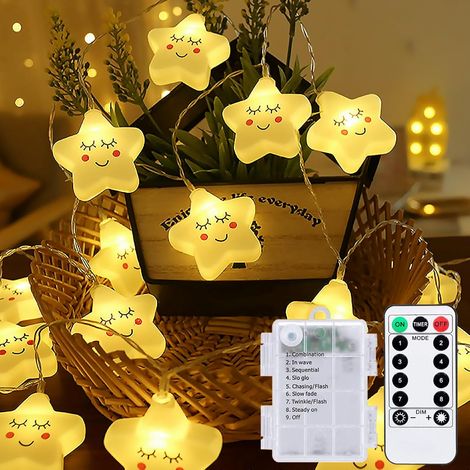 Guirlande lumineuse en forme d'étoile pour chambre d'enfant - Guirlande lumineuse à piles pour l'intérieur avec minuteur et télécommande, 3 mètres, 8 modes, 20 LED, décoration lumineuse pour (1/5)