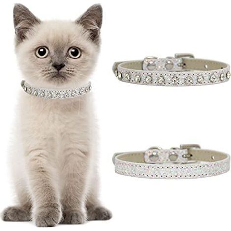 Set of 2 Adjustable Leather Safety Collars with Rhinestones For small dogs and cats. Silver (1/4)