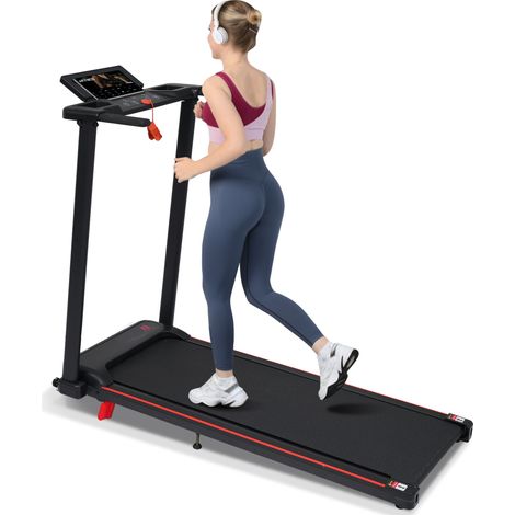 Tapis de course avec inclinaison de 8 %, tapis de course portable pour la maison avec poignée, tapis de course pliable 1–12 km/h et capacité de charge de 120 kg, 3,0 PS, 4 pieds réglables, touche de v (1/5)