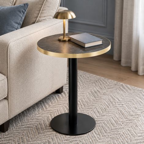 Table basse ronde 60 cm effet marbre, structure métal noir/or, gris HAVRYA (1/5)
