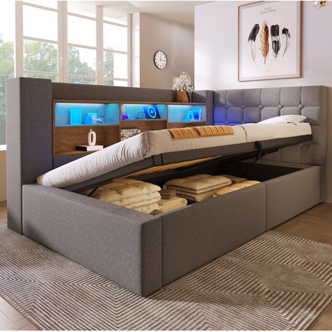Letto imbottito 90x190 cm in lino grigio, testiera a L reversibile con LED, ricarica USB-C e contenitore con pistone (1/5)