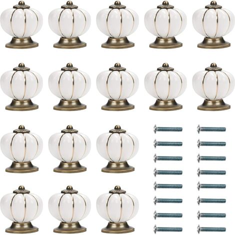 Bouton Ceramique Meuble Blanc et Or avec Vis en Forme de Citrouille (Lot de 16) - 3,6 x 3,9 cm - Bouton de Meuble Rond Vintage - Pour Maison, Bureau, Armoire de Cuisine, Tiroirs et Placard (1/5)