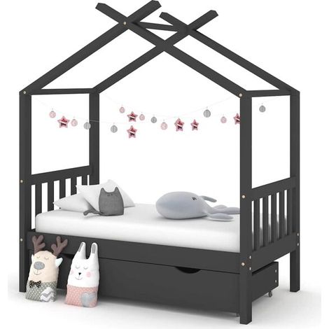 Lit Enfant avec Tiroirs, 70x140 cm, Pin Massif, Gris Foncé (1/5)