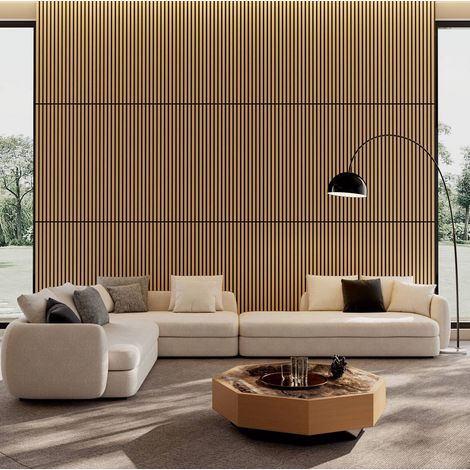 Pannelli acustici murali a doghe in legno, set da 4, 115 x 60 cm, effetto rovere bianco HAVRYA (1/3)