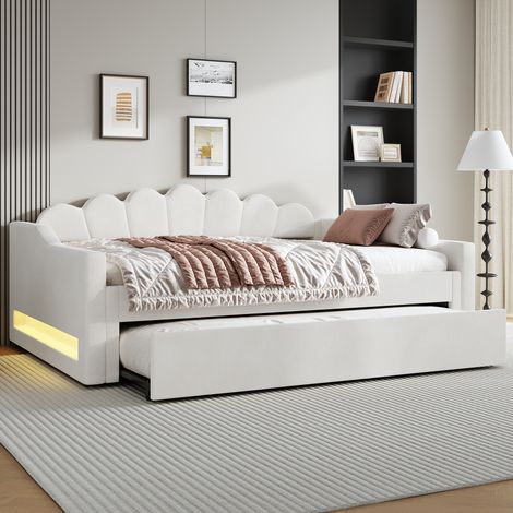 Letto adulti 140x200 cm con letto aggiuntivo 90x190 cm, illuminazione LED, rete a doghe, in MDF, senza materasso, beige (1/5)