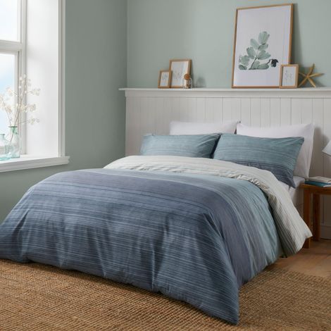 Housse de Couette réversible contemporaine pour lit Simple 140 x 200 cm Bleu ombré avec Rayures et Lignes Literie Nautique (1/3)