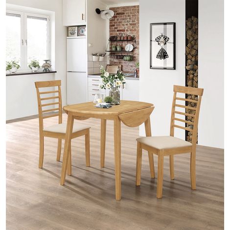 Hallowood Furniture Ledbury Small Drop Leaf Dining Table and Chairs Set 2, Round Space Saving Table and 2 Chairs with Cream Fabric Padded Seat, Wooden Dining Set in Oak Finish (1/5)