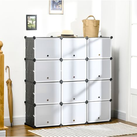 Étagère modulaire en plastique noir avec 12 cubes et portes, 125 x 32 x 125 cm (1/5)