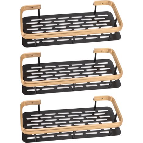 Étagère de douche rectangulaire à 3 niveaux en aluminium, sans perçage, avec panier de rangement pour salle de bain, noir et or. (1/5)