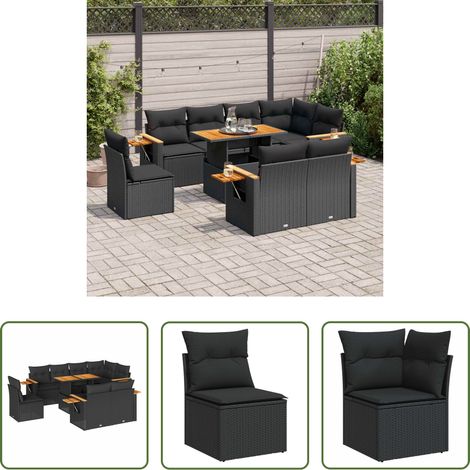 vidaXL Canapé extérieur - Salon de jardin avec coussins 9 pcs noir résine tressée acacia (1/5)