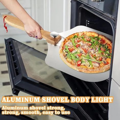 Pelle à pizza perforée en acier inoxydable Grande taille,Pelle à pizza avec manche en bois pliable,Pelle à pizza pour barbecue (1/4)