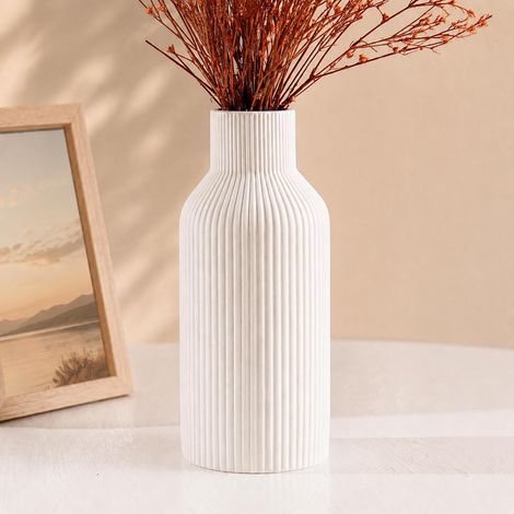 Vase en céramique, 20 cm de Haut, Motif Herbes de la Pampa. Petit Vase décoratif pour Table, étagère, cheminée, entrée ou Centre de Table. Style bohème Simple et Moderne, Blanc (1/5)
