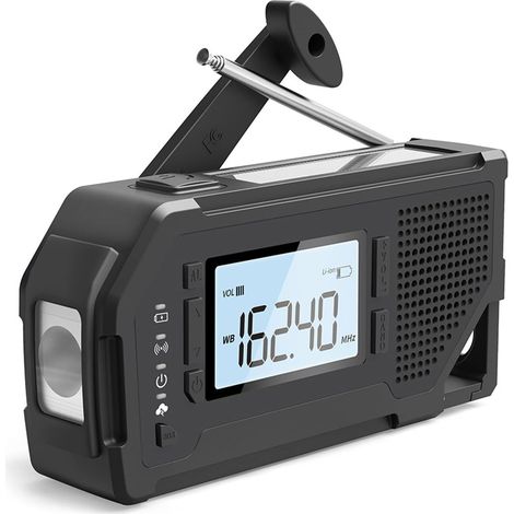 Solar-Notradio mit AM FM NOAA, LED-Taschenlampen, Bewegungssensor, Leselampe, SOS-Alarm, wiederaufladbarer 2000-mAh-Akku, USB-Ladegerät