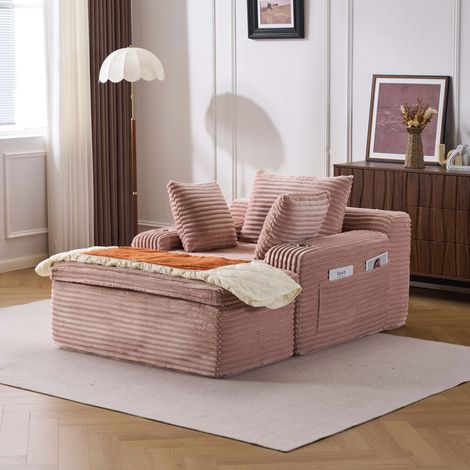 Canapé-lit en velours côtelé avec fonction couchage – Canapé relax modulaire pour salon, petit canapé moderne multifonction avec porte-gobelets et coussins