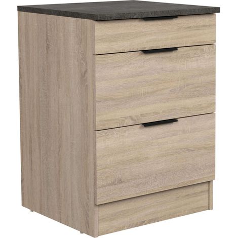 Miroytengo – Meuble de cuisine bas Arko en chêne brut et noir – 3 tiroirs – Dimensions 60 x 86 x 60 cm – Design moderne et fonctionnel