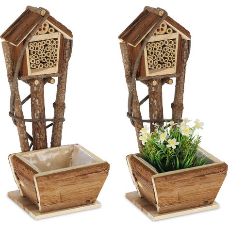 Relaxdays bee hotel with planter box, in a set of 2, small nesting box for bees, bee hive for the garden, natural wood (1/5)