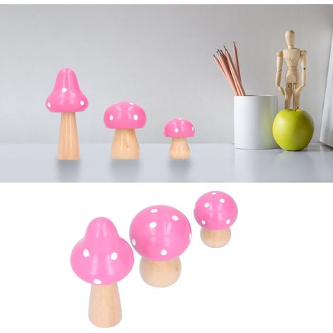 Set mit 3 originellen und niedlichen rosa Holzpilz-Dekorationen für Zuhause oder Büro. (1/5)