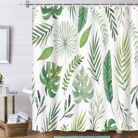 Rideau Douche Feuilles Vertes Polyester 12 Crochets (1/4)