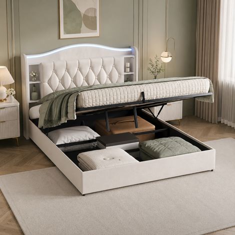 Lit coffre 140x190, lit double en velours avec éclairage led, prises usbtype-c, rangement hydraulique, lit adulte avec sommier à lattes, beige (1/5)