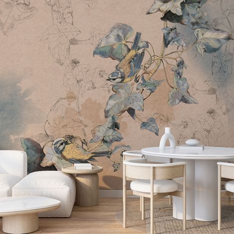 Papier peint panoramique - Fleurs Oiseaux - 130 cm x 78 cm (1/4)