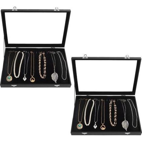 Boite a Bijoux en Velours Noir avec Couvercle en Verre et 20 Crochets (Lot de 2) - Boite Rangement Collier et Bracelets Empilables - Idéales pour Boucles d’Oreilles & Chaines de Cheville (1/5)