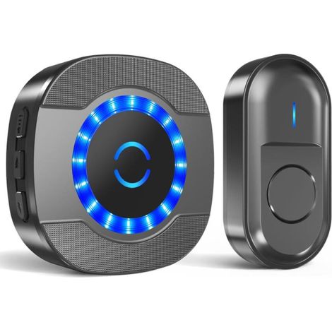 NoirSonnette sans Fil Exterieur Étanche, 300M Sonnette Longue Portée avec Récepteurs Enfichables, Carillon Electronique Kit pour la Maison, LED Bleu, 55 Mélodies, 5 Niveaux Volumes (1/5)