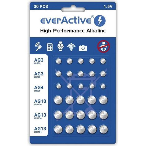 Mini pilas alcalinas everActive: 10 x G3 / LR41, 5 x G4 / LR626, 5 x G10 / LR1130, 10 x G13 / LR1154 (paquete de 30 unidades)