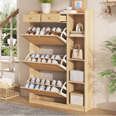Zapatero estrecho 90x24x130 cm de ratán natural con 3 abatibles - CHICFURN (1/5)
