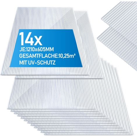 Wolketon 14 lastre in policarbonato alveolare traslucido da 4 mm per serra, 121 x 60,5 cm, superficie 10,25 m², protezione UV