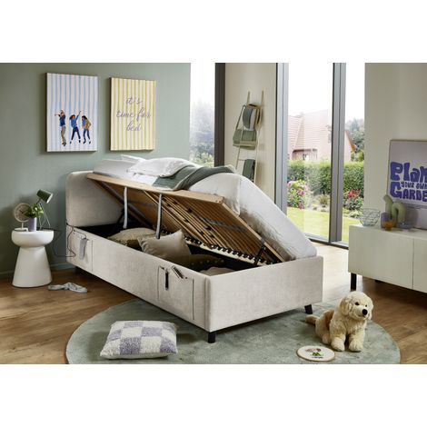 Meise Möbel Stauraumbett Cosy 90x200 cm Bettkasten & Lattenrost (Federholzrahmen) USB Strukturstoff Beige Holzfuß schwarz (1/5)