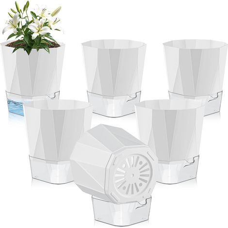 6 Pcs Pots de Fleurs en Plastique, 17cm Pot de Fleurs Auto-Arrosant,Pots de Plantes avec Trous De Drainage et Réservoir d'eau Amovible pour d'Intérieur d'Extérieur Jardins de Balcon, Blanc (1/5)