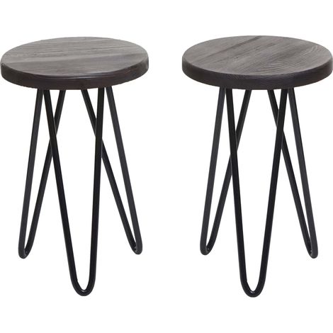 2er-Set Beistelltisch HHG-844, Nachttisch Kaffeetisch, Industrial Echtholz Ø25cm dunkelbraun (1/5)