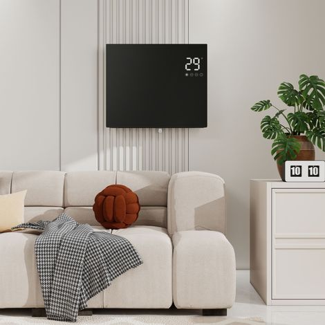 Radiateur électrique 1000W verre trempé, économique et silencieux, installation 2-en-1 murale ou mobile, avec thermostat, mode éco et verrouillage enfant, noir