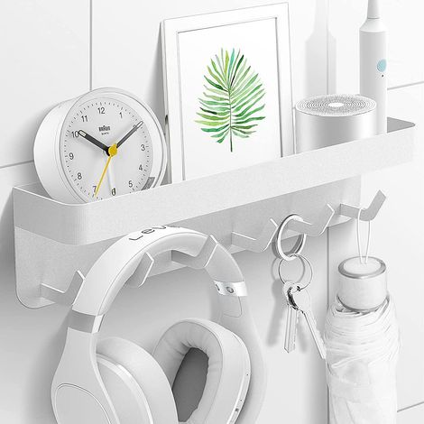 Porte-clés Avec Étagère - 6 Crochets En Acier Inoxydable - Fixation Autocollante Ou Visée - Blanc - Pour Entrée Bureau Salle De Bain Cuisine (1/5)