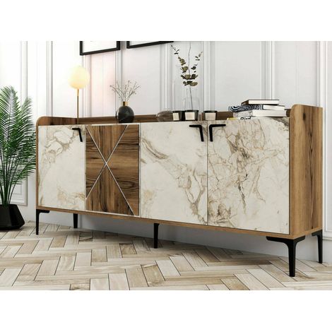 Dmora - Consolle Also, Credenza da soggiorno, Armadio basso per TV, Base parete attrezzata, 180x35 h78 cm, Noce e Bianco Marmo (1/5)