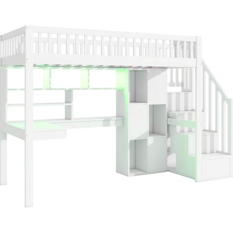 Letto a soppalco 90 x 200 cm con scrivania, scala portaoggetti, mensole, LED, bianco (1/5)