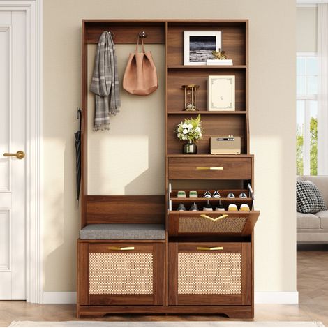 OKWISH Garderobenmöbel mit Bank, 3 Schuhklappen, Haken, MDF in Nussbaum (1/5)