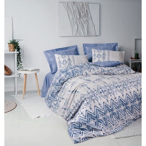 Parure de lit - 1 housse de couette 220 x 240 cm + 2 taies d'oreiller 60 x 60 cm - 100 % coton renforcé - Bleu