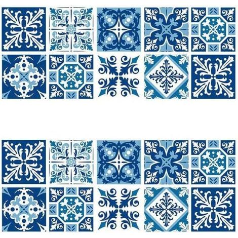 Set di 2 adesivi per piastrelle da parete 15×15 cm – PVC impermeabile, stile porcellana blu e bianca – Per cucina e bagno