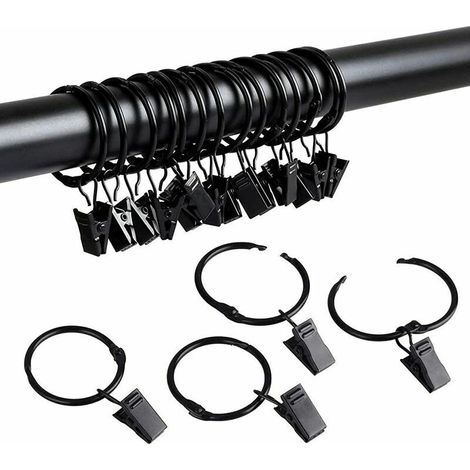 royaluxe -40 pièces Anneaux de Rideaux avec Pinces, Anneaux Rideaux en Métal pour Rideaux Anneaux à Pinces pour Rideau Clips Crochets (Noir 25mm)