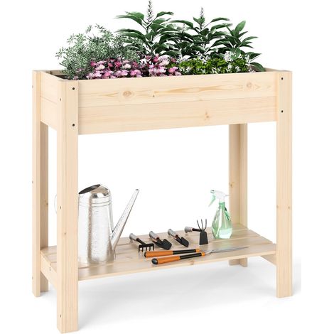 Jardinière Surélevée en Bois avec Pieds, Lit de Jardin avec Étagère de Rangement et Trous de Drainage, Conteneur (81 x 37 x 77 cm) (1/5)
