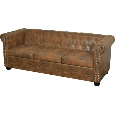 Divano Chesterfield a 3 Posti in Finta Pelle Marrone vidaXL