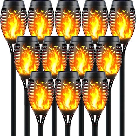 Lot de 12 lampes, solaires, effet inflammable vacillante  Mini torches, tiki solaires, avec 12 LED, étanches IP65, effet décor, éclairage d'allée de jardin, allumage/extinction automatique (1/5)