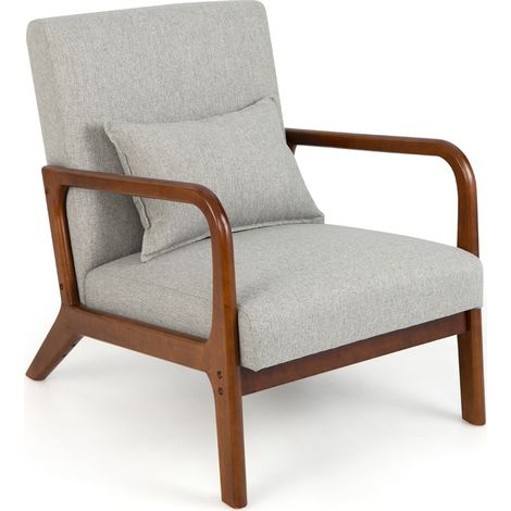 Poltrona imbottita con cuscino lombare e telaio in legno di gomma, Poltrona lounge con piedini antiscivolo Grigio (1/4)