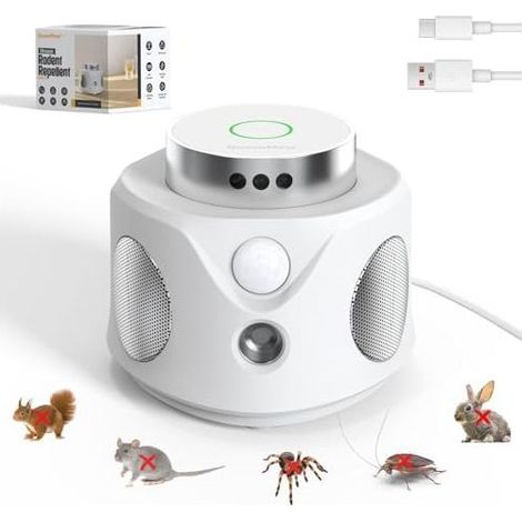Ultraschall-Mäuse- und Rattenabwehrgerät mit 3 Ultraschallsendern, Abwehrmodi, Netzanschluss, 9 Blitzlichtern, 360°-Nagetierabwehr gegen Ratten, Spinnen und Motten, Weiß (1/5)