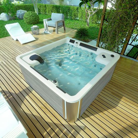 Kinedo – Spa rigide 6 places carré 228x228x94 cm – 32 buses de massage ciblées – Chromothérapie – Structure en acier – Pompe 1500 W (1/3)