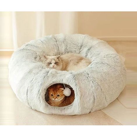 Panier rond chat - Refuge - Tunnel de jeu - Tissu peluche doux - 85 cm - Gris clair