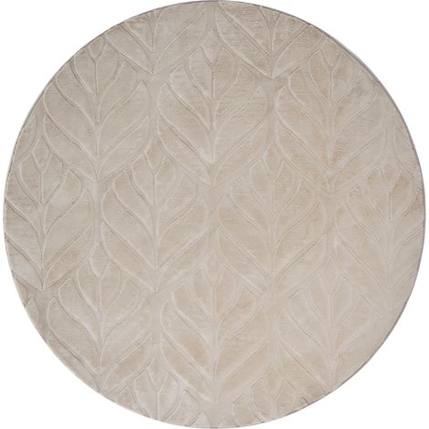 Alfombra de pelo sintético de conejo peluda con motivo de hojas 160 cm redondo beige Mitchell (1/5)